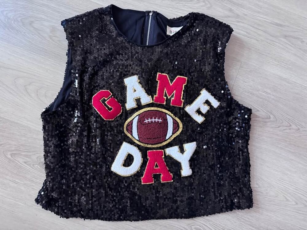 NWT BiBi Women’s Large Football Black Sequin Game Day Chenille Patch Tank Top